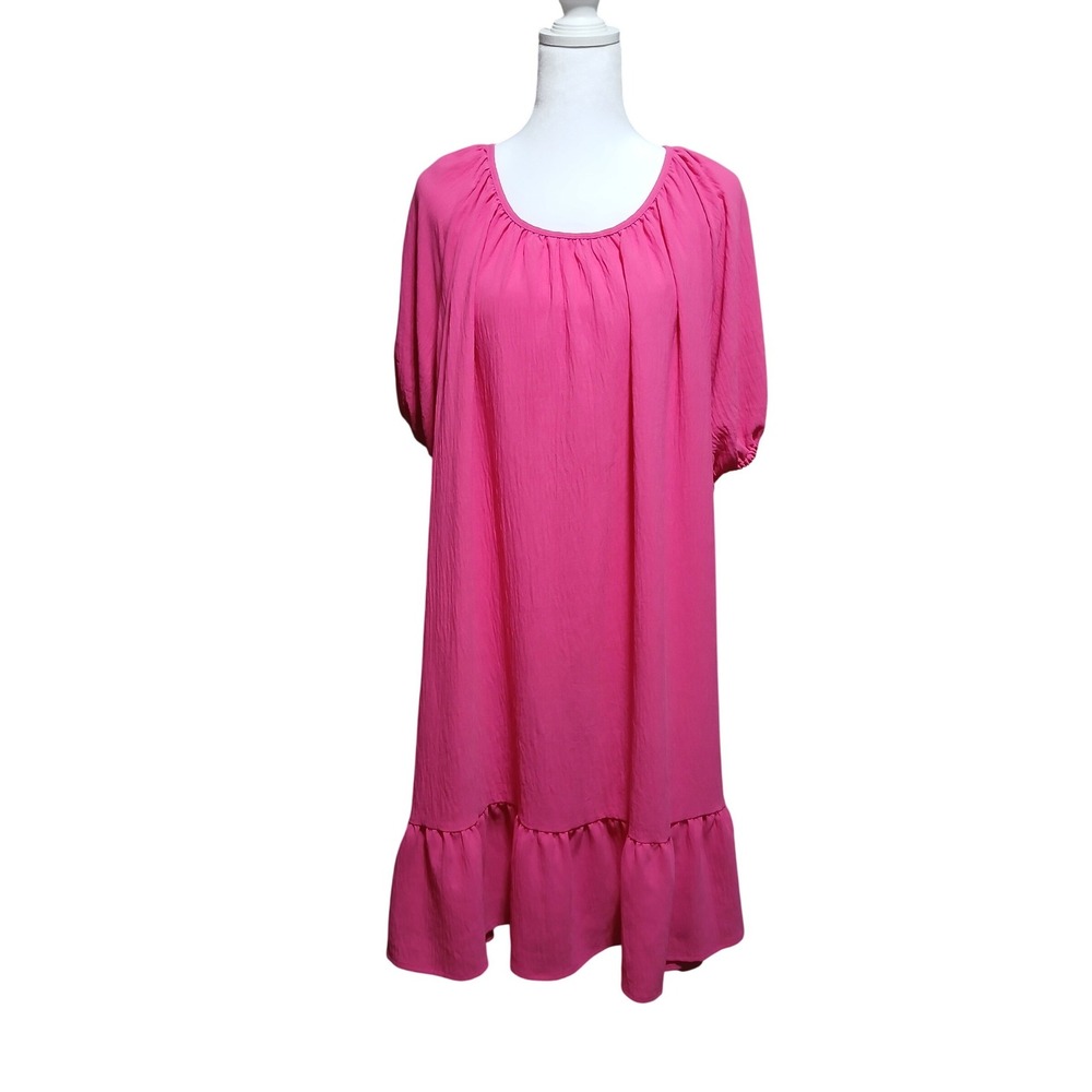 Ophelia Roe Pink Babydoll Dress 2X Plus Size Fuchsia Ruffle Hem Tie Back Crepe